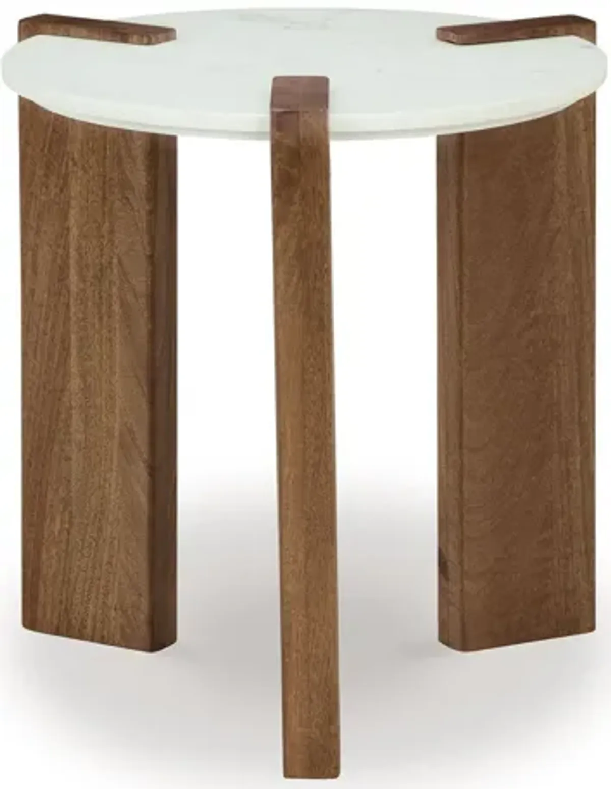 Wrenn Side End Table, Round White Marble Top, 20 Inch Brown Mango Wood - Benzara