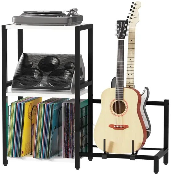 End Table with Guitar Stand,Record Player Stand,Vinyl Records Storage,2-Tier Guitar Stand for Acoustic, Electric Guitar,Bass,Tur