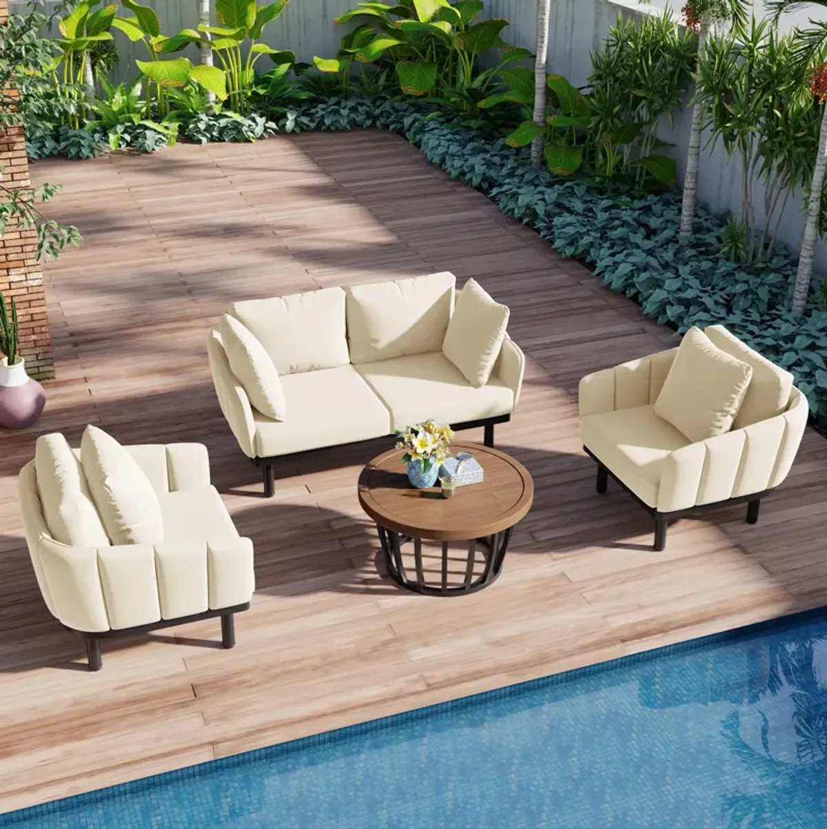 MONDAWE Luxury Modern 4 Piece Outdoor Iron Frame Conversation Set, Patio Chat Set with Acacia Wood Round Coffee Table, Loveseat+Arm Chairs