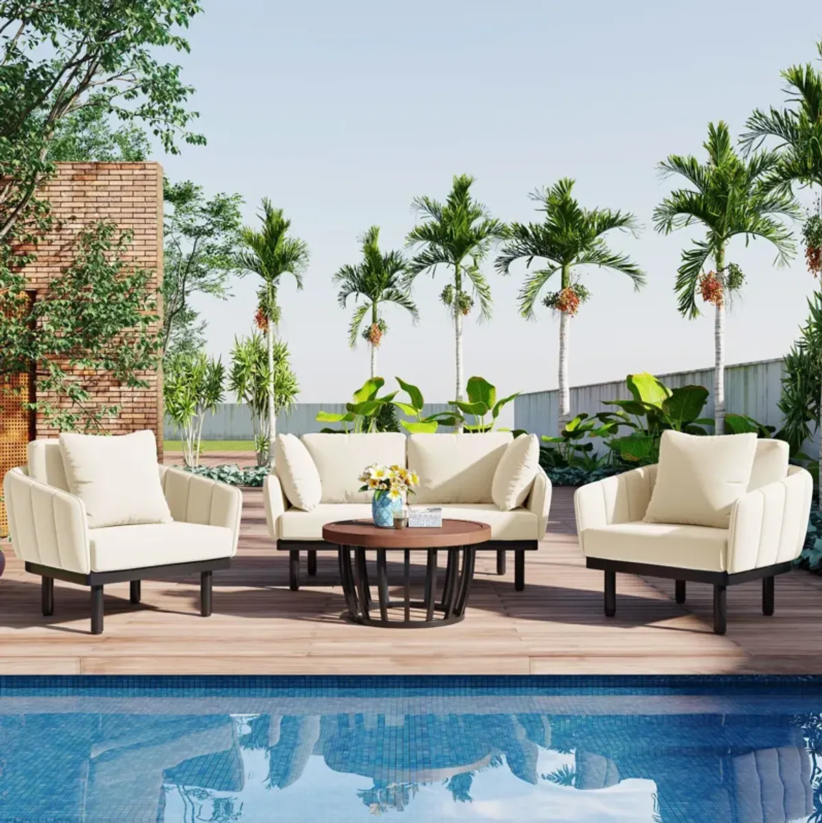 MONDAWE Luxury Modern 4 Piece Outdoor Iron Frame Conversation Set, Patio Chat Set with Acacia Wood Round Coffee Table, Loveseat+Arm Chairs