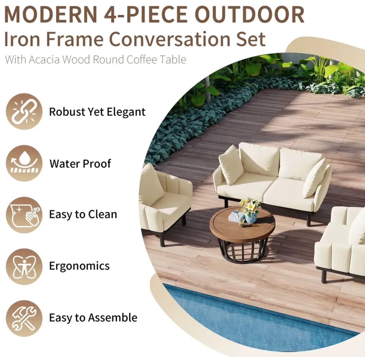 MONDAWE Luxury Modern 4 Piece Outdoor Iron Frame Conversation Set, Patio Chat Set with Acacia Wood Round Coffee Table, Loveseat+Arm Chairs