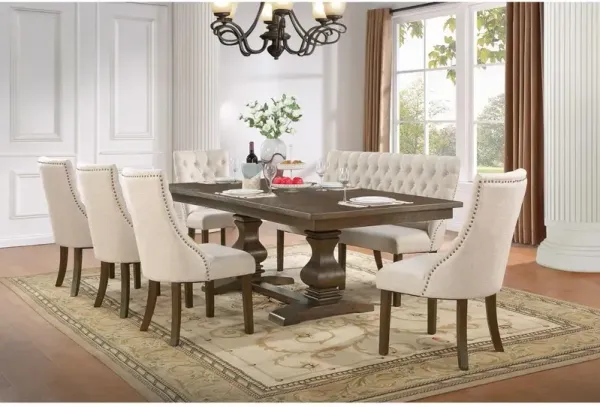 7pc dining set- Expandable dinging table with 5 upholstered beige side chairs and 1 matching side bench