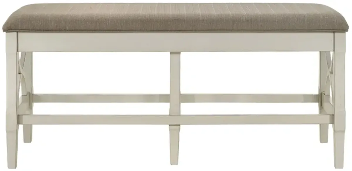 Marie 55 Inch Counter Height Bench, Khaki Fabric Upholstered, Beige Wood - Benzara