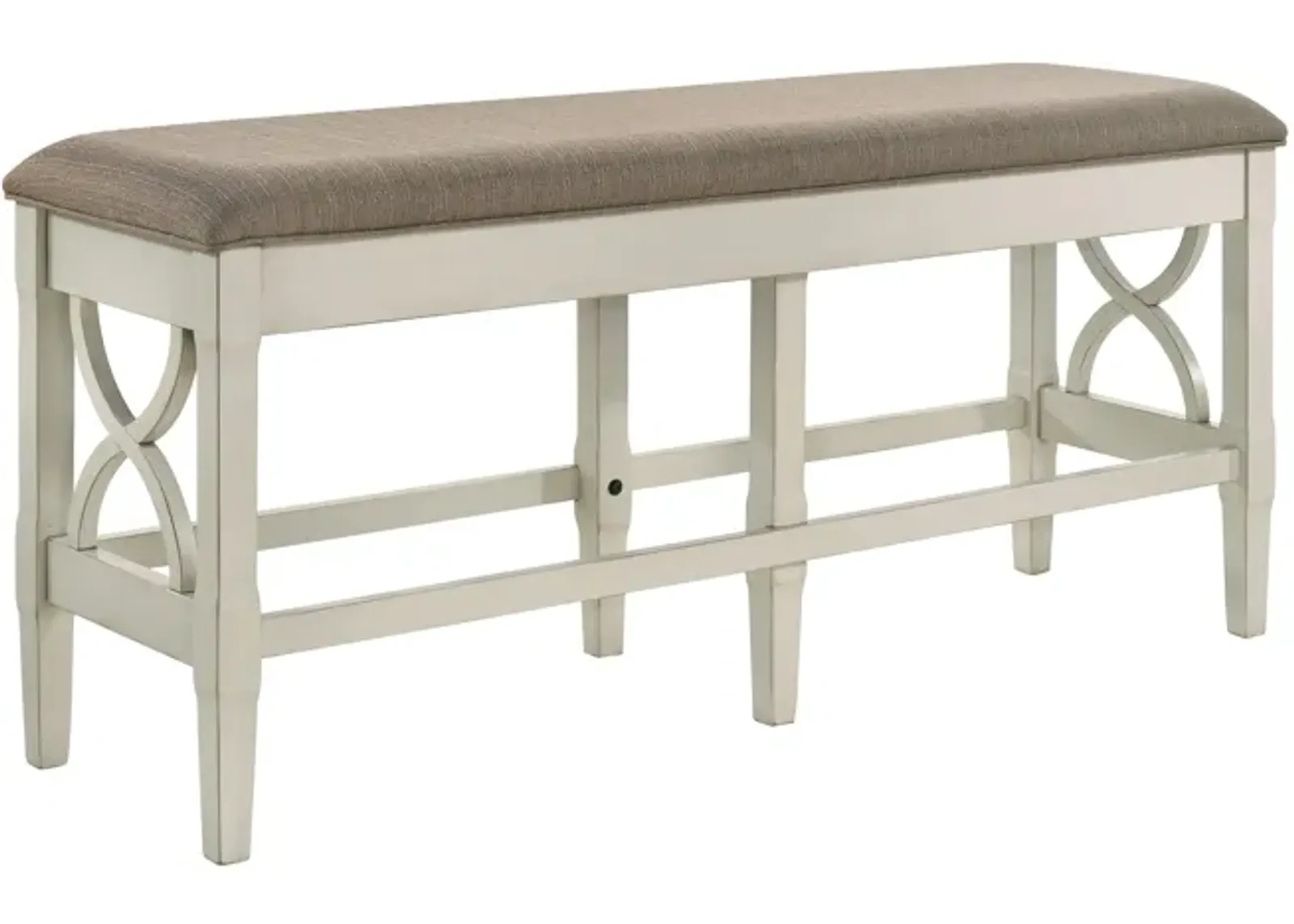 Marie 55 Inch Counter Height Bench, Khaki Fabric Upholstered, Beige Wood - Benzara