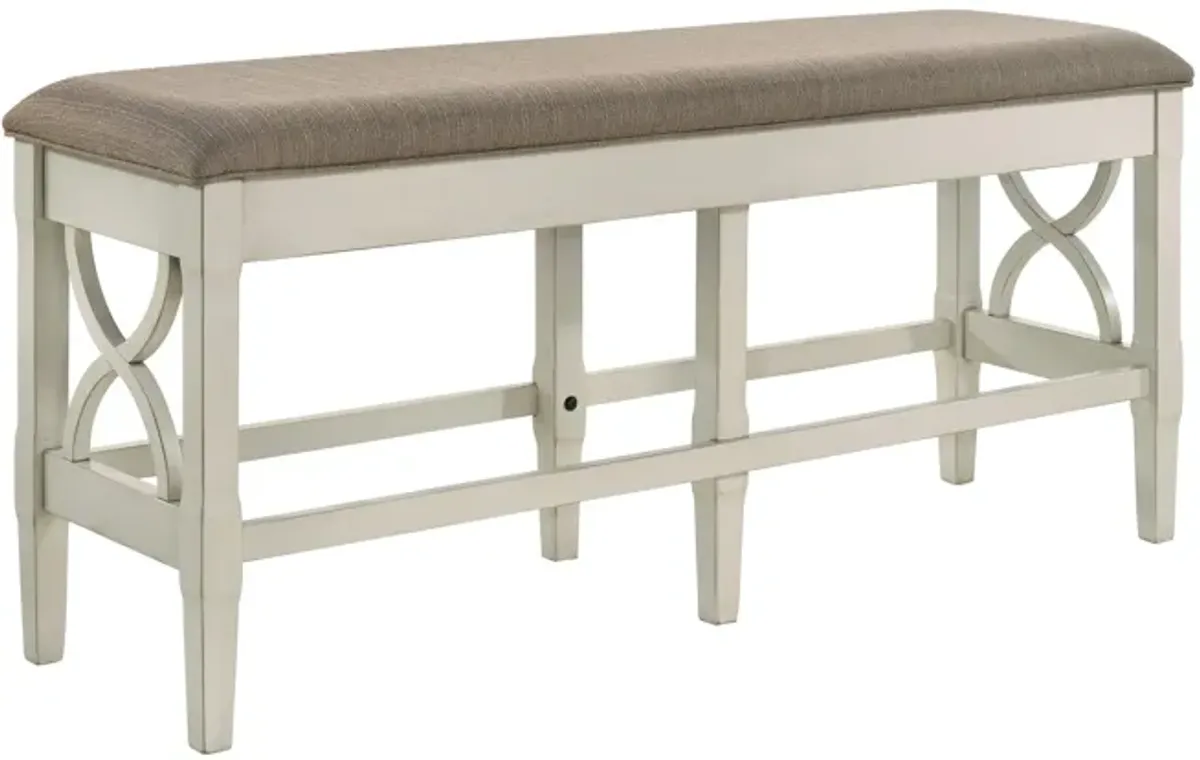 Marie 55 Inch Counter Height Bench, Khaki Fabric Upholstered, Beige Wood - Benzara