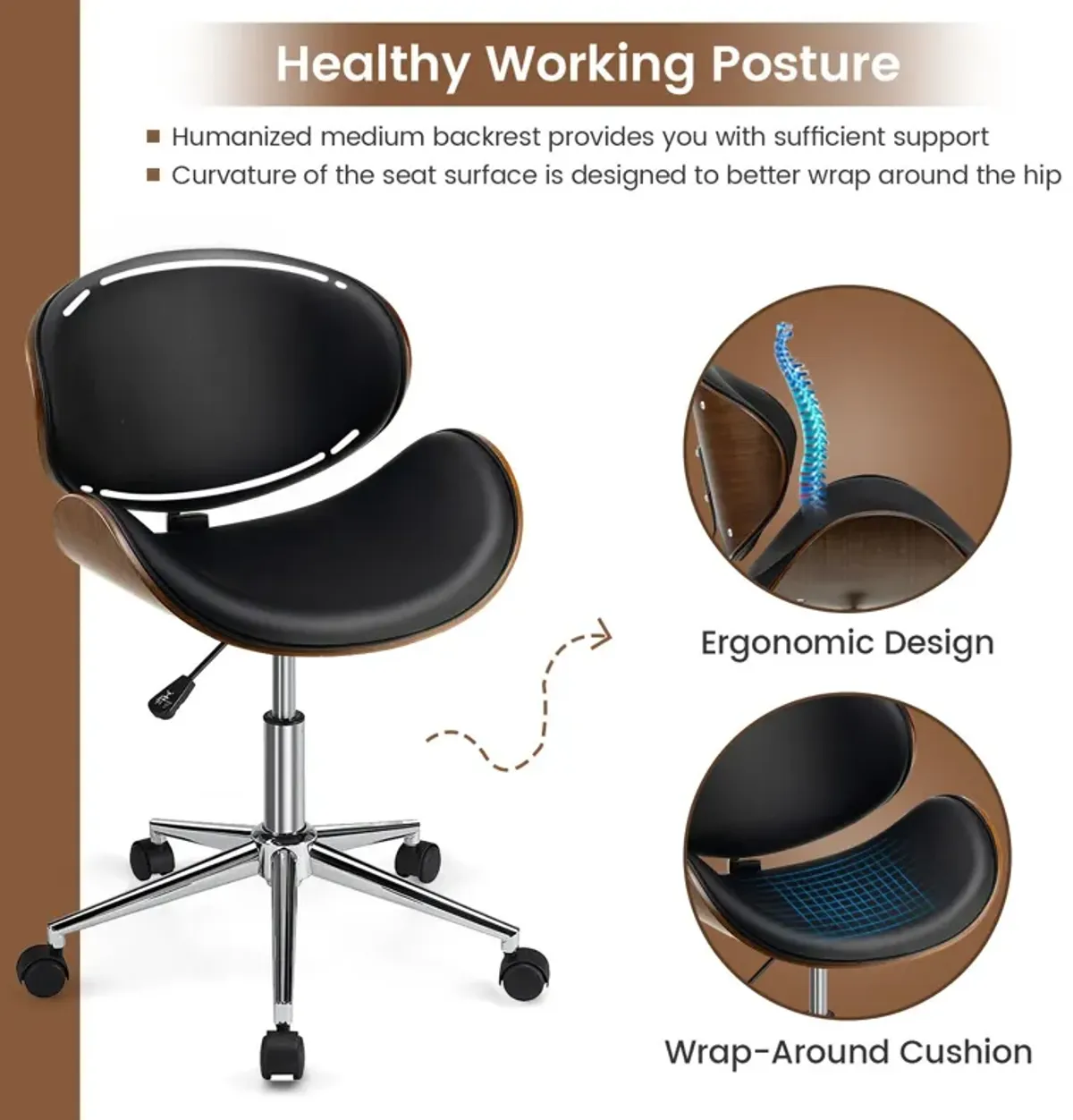 Adjustable Leather Office Chair Swivel Bentwood Desk Chair with Curved Seat-Black