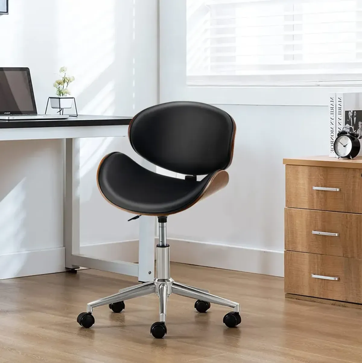 Adjustable Leather Office Chair Swivel Bentwood Desk Chair with Curved Seat-Black