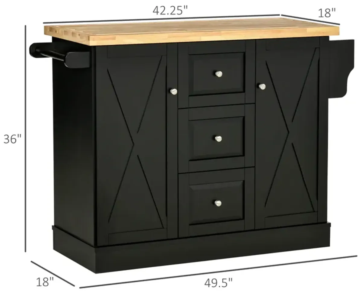 Black Farmhouse Kitchen Aid: Mobile Island with Barn Doors & Drawers