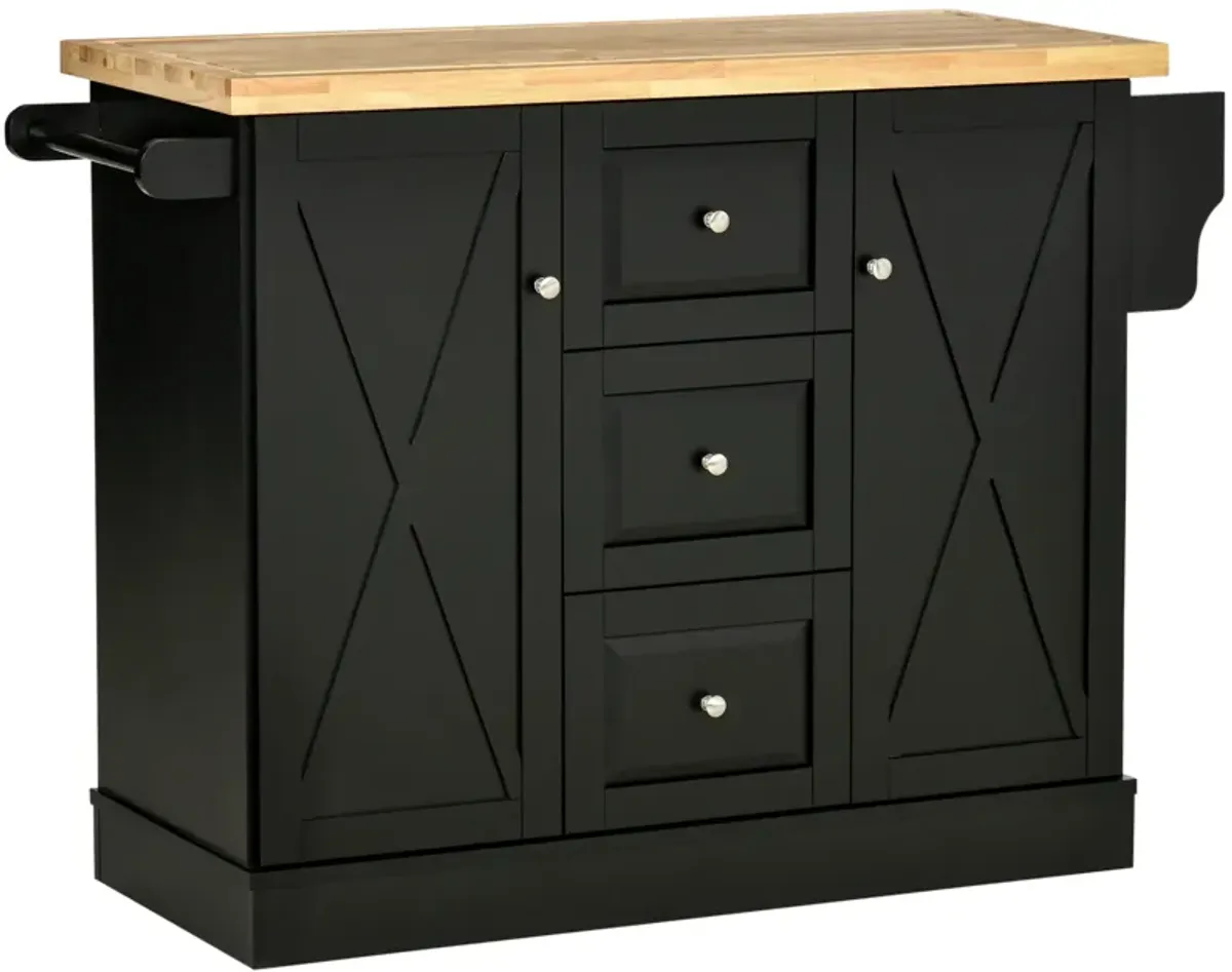 Black Farmhouse Kitchen Aid: Mobile Island with Barn Doors & Drawers