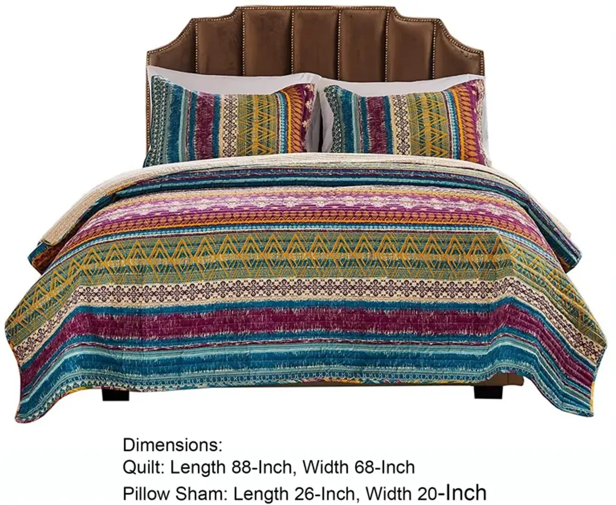 Tribal Motif Print Cotton Twin Quilt Set with 1 Pillow Sham, Multicolor - Benzara