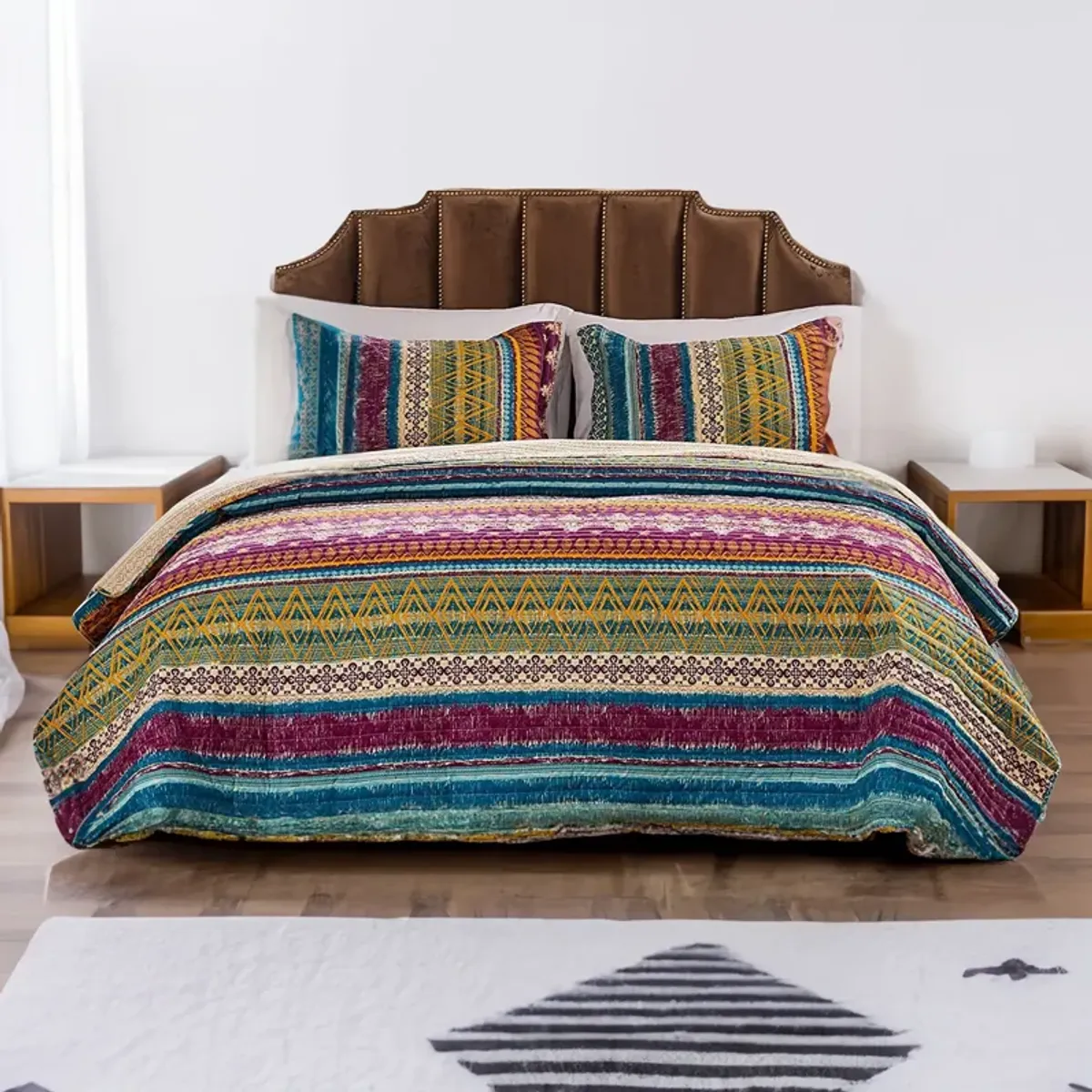 Tribal Motif Print Cotton Twin Quilt Set with 1 Pillow Sham, Multicolor - Benzara