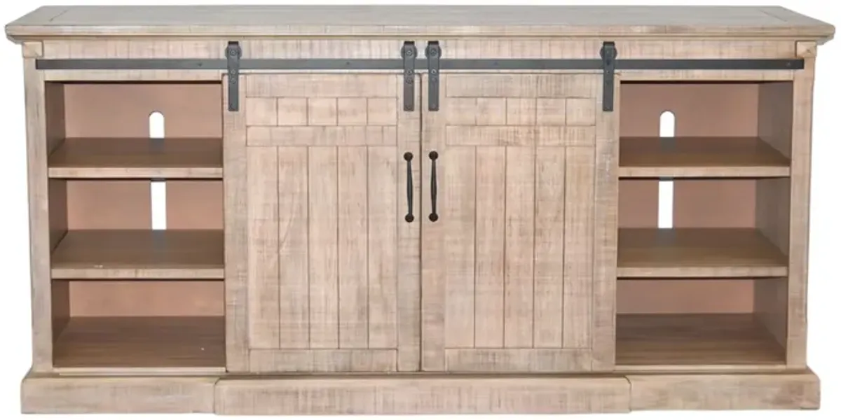 Desy TV Media Console w Fireplace Option, Barn Doors, 78 Inch Brown - Benzara