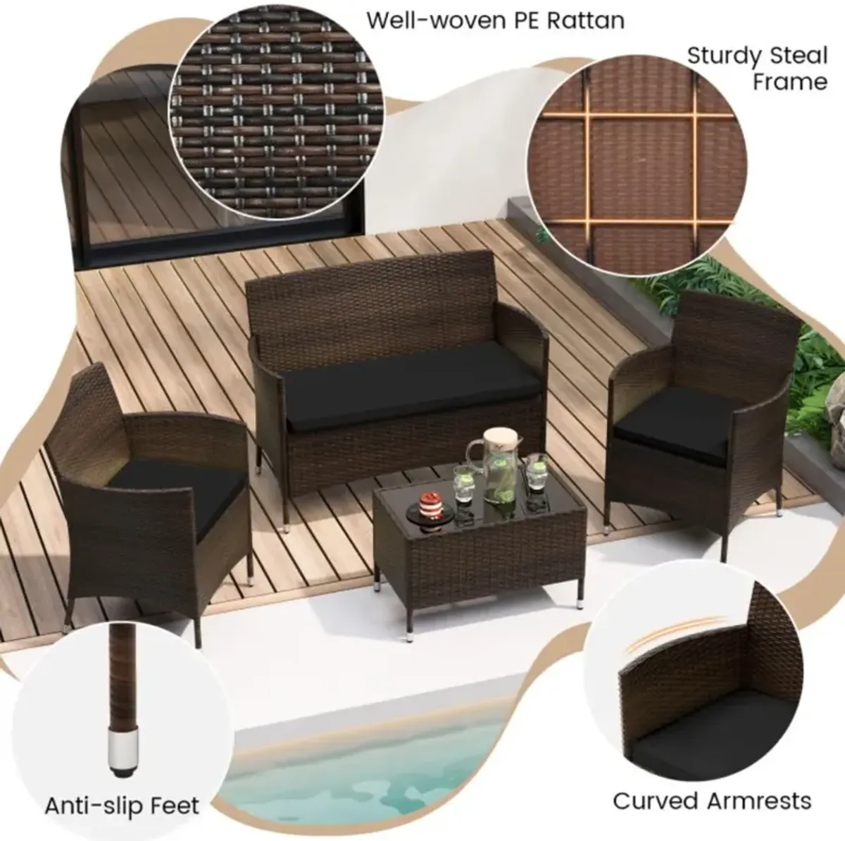 Hivvago 4 Pieces Comfortable Mix Brown Outdoor Rattan Sofa Set with Glass Coffee Table