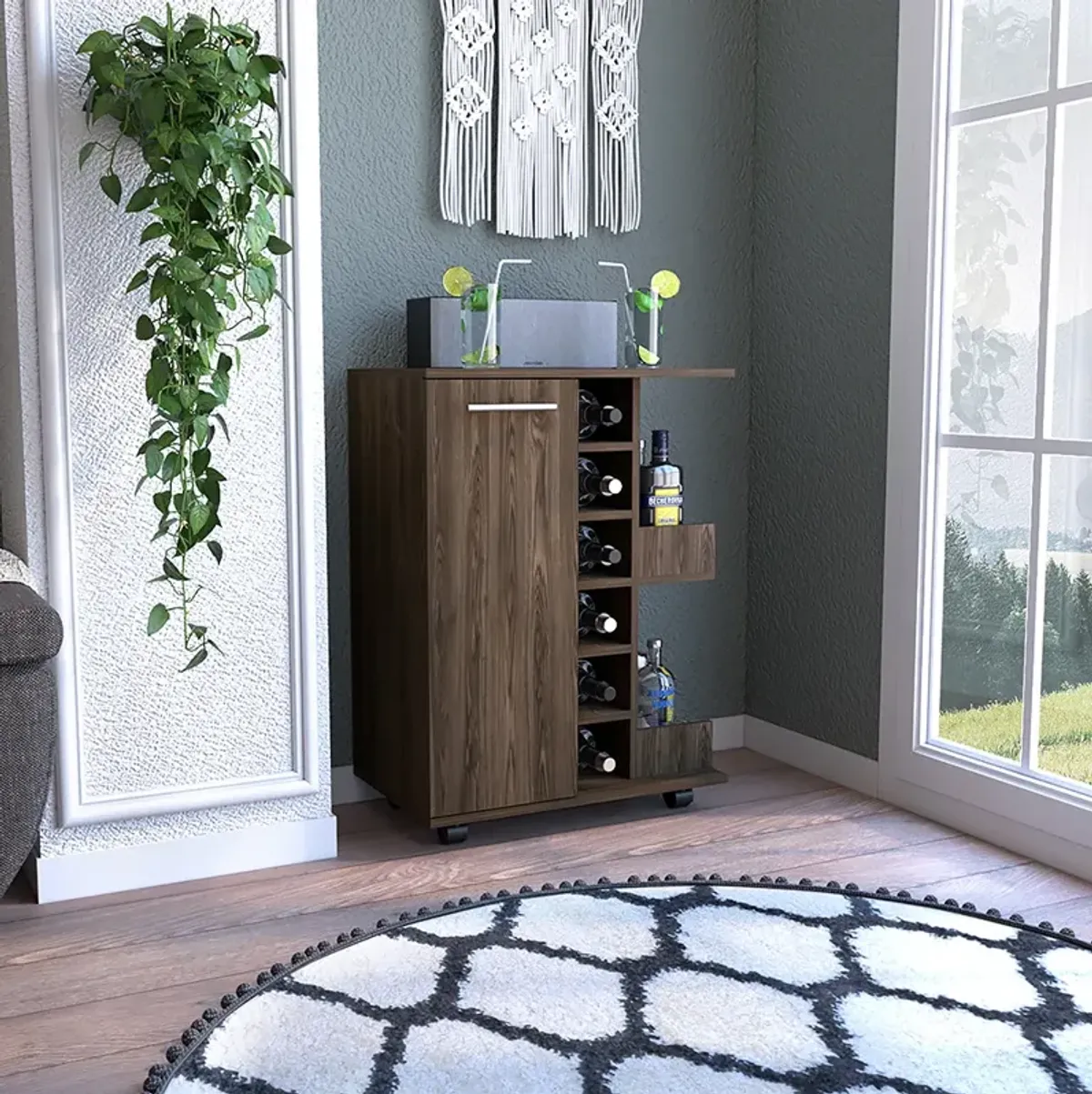 Bar Cart Wells, Living Room, Dark Walnut