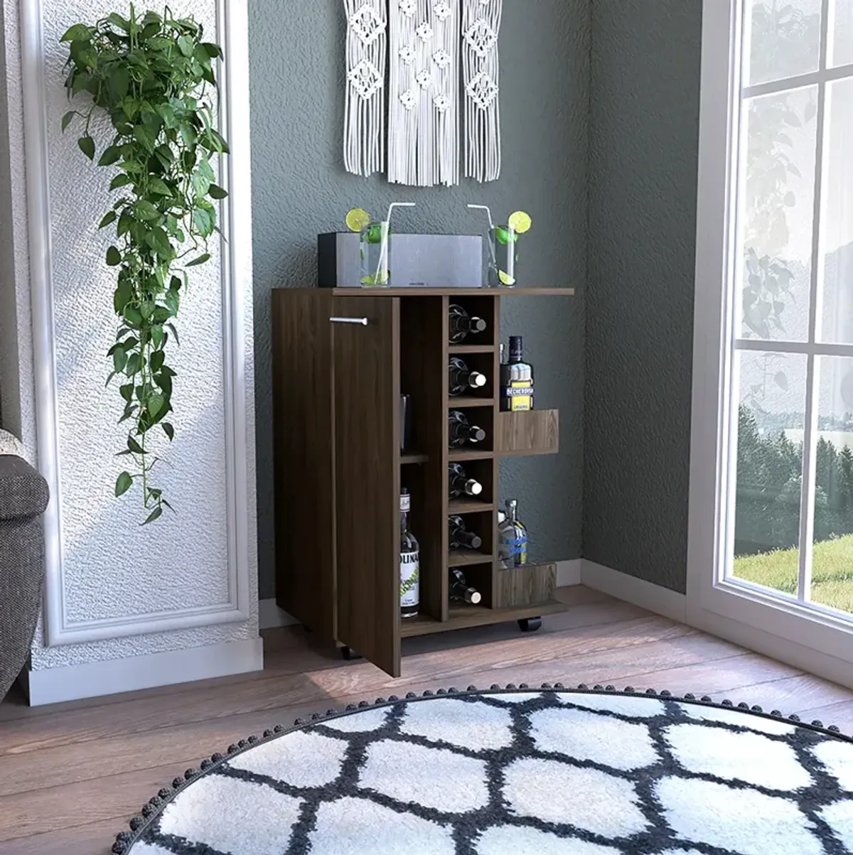 Bar Cart Wells, Living Room, Dark Walnut