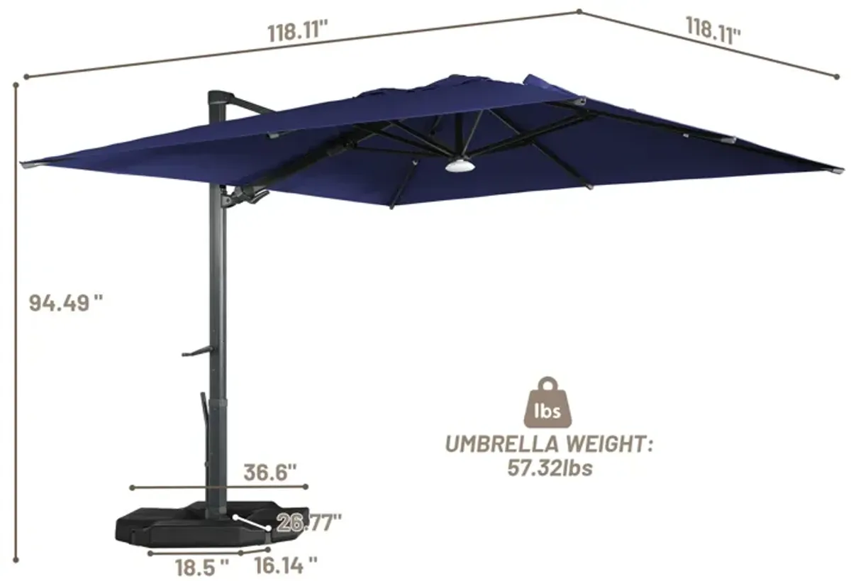 10x10ft 360 Rotable Square Cantilever Patio Umbrella with BaseandBT in Navy Blue