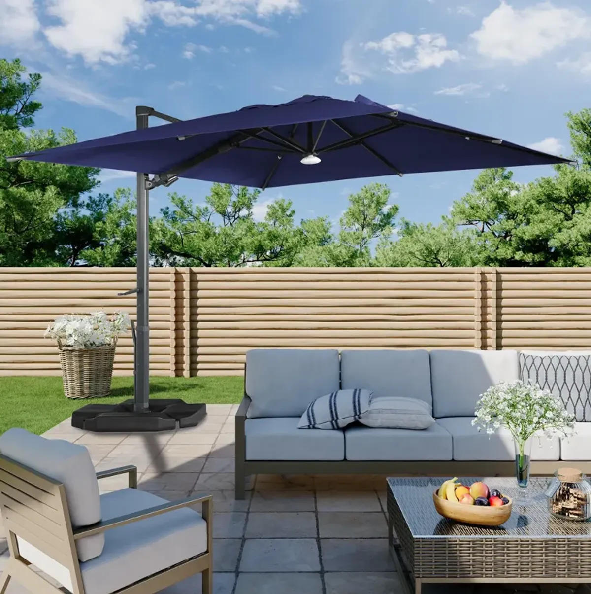 10x10ft 360 Rotable Square Cantilever Patio Umbrella with BaseandBT in Navy Blue