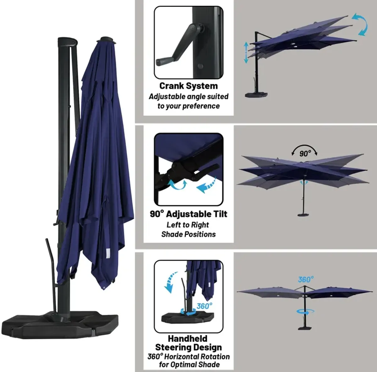 10x10ft 360 Rotable Square Cantilever Patio Umbrella with BaseandBT in Navy Blue