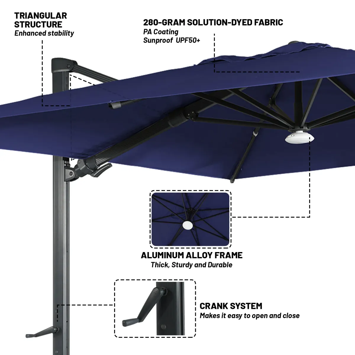 10x10ft 360 Rotable Square Cantilever Patio Umbrella with BaseandBT in Navy Blue