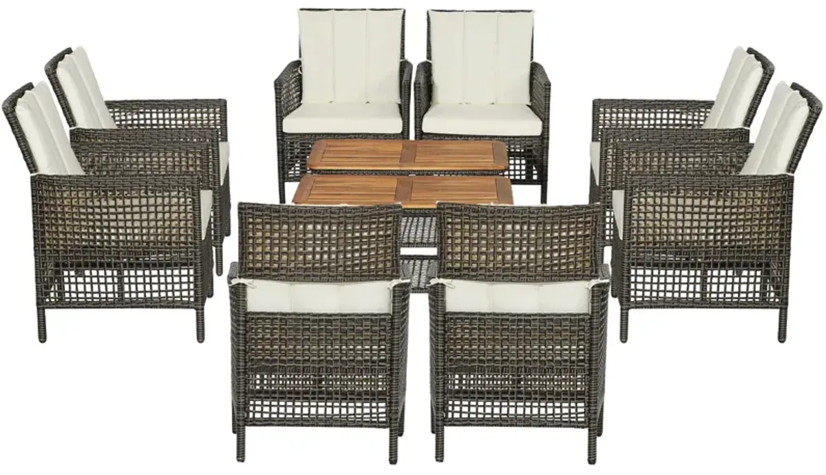 5 Pieces Patio Rattan Furniture Set Cushioned Sofa Armrest Wooden Tabletop-Off White