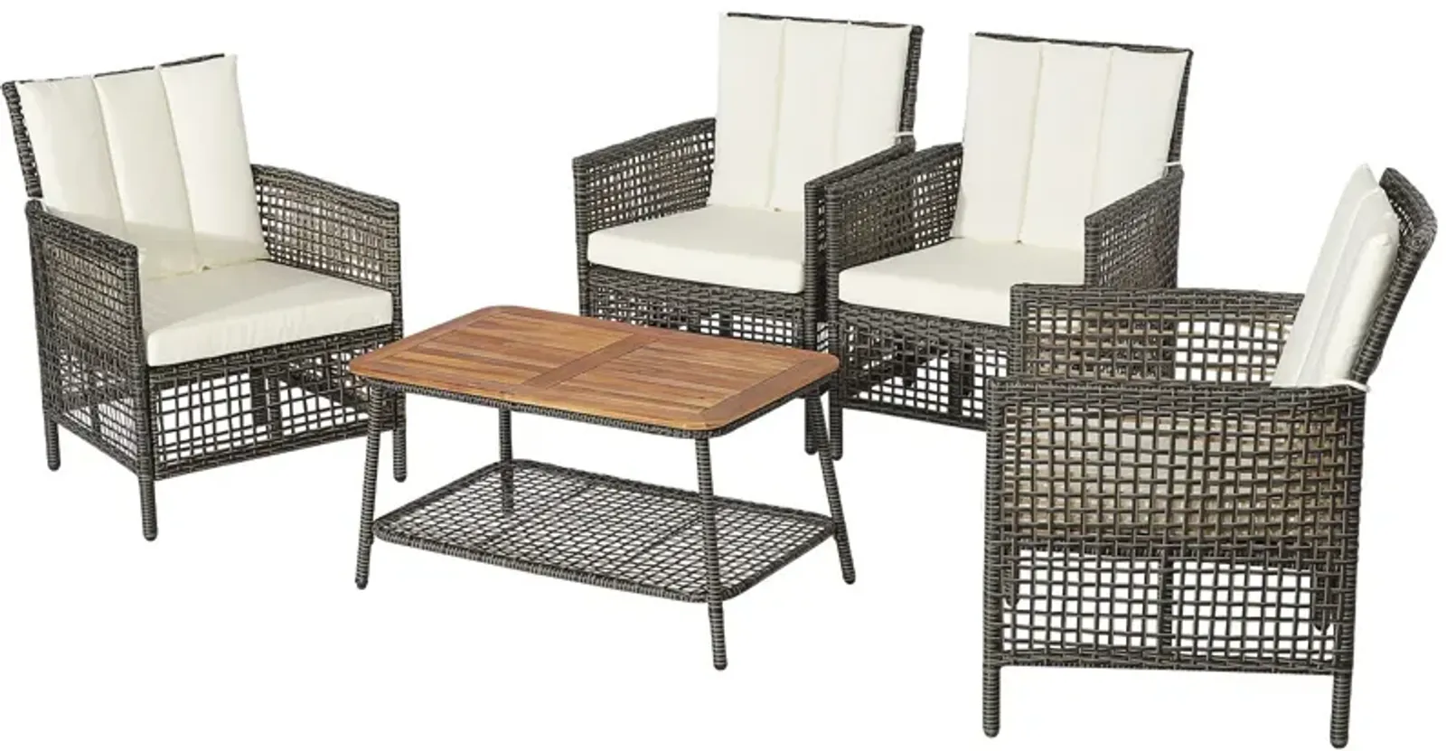 5 Pieces Patio Rattan Furniture Set Cushioned Sofa Armrest Wooden Tabletop-Off White