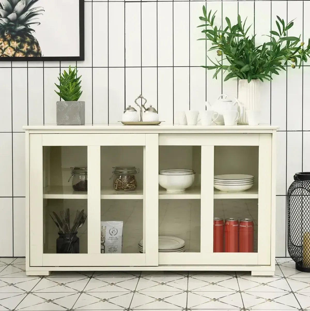 Kitchen Storage Cabinet with Glass Sliding Door