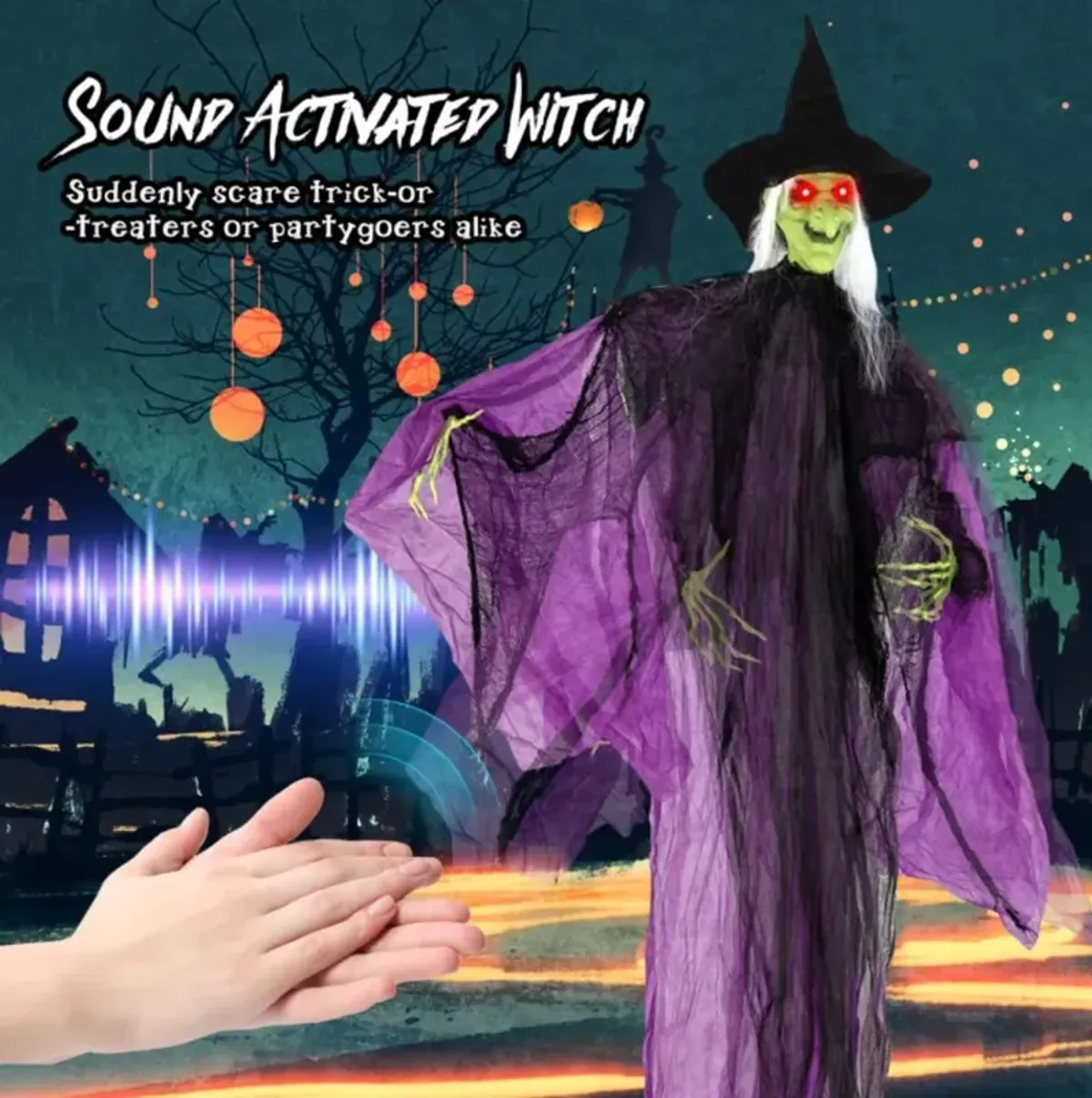 Hivvago 7.2 ft Halloween Standing Witch with Lighted Eyes and Automatic Arm Movement