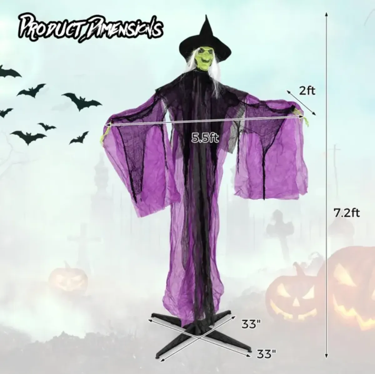 Hivvago 7.2 ft Halloween Standing Witch with Lighted Eyes and Automatic Arm Movement