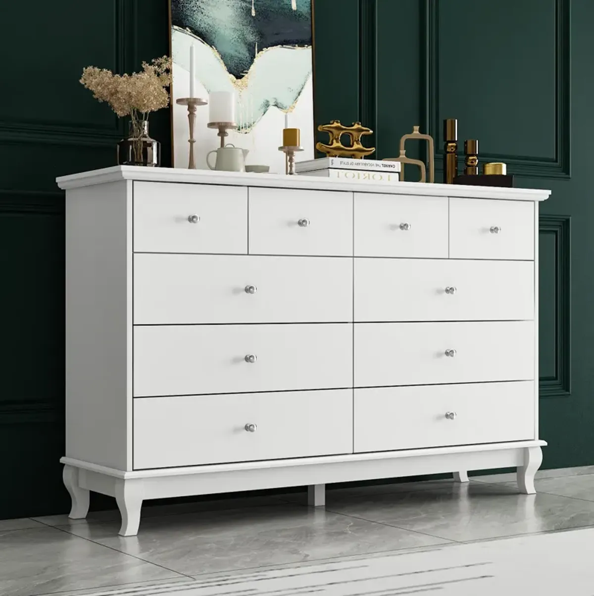 10-Drawers White Wood Chest of Drawer Accent Storage Cabinet Organizer 55.1 in. W x 15.7 in. D x 35.4 in. H