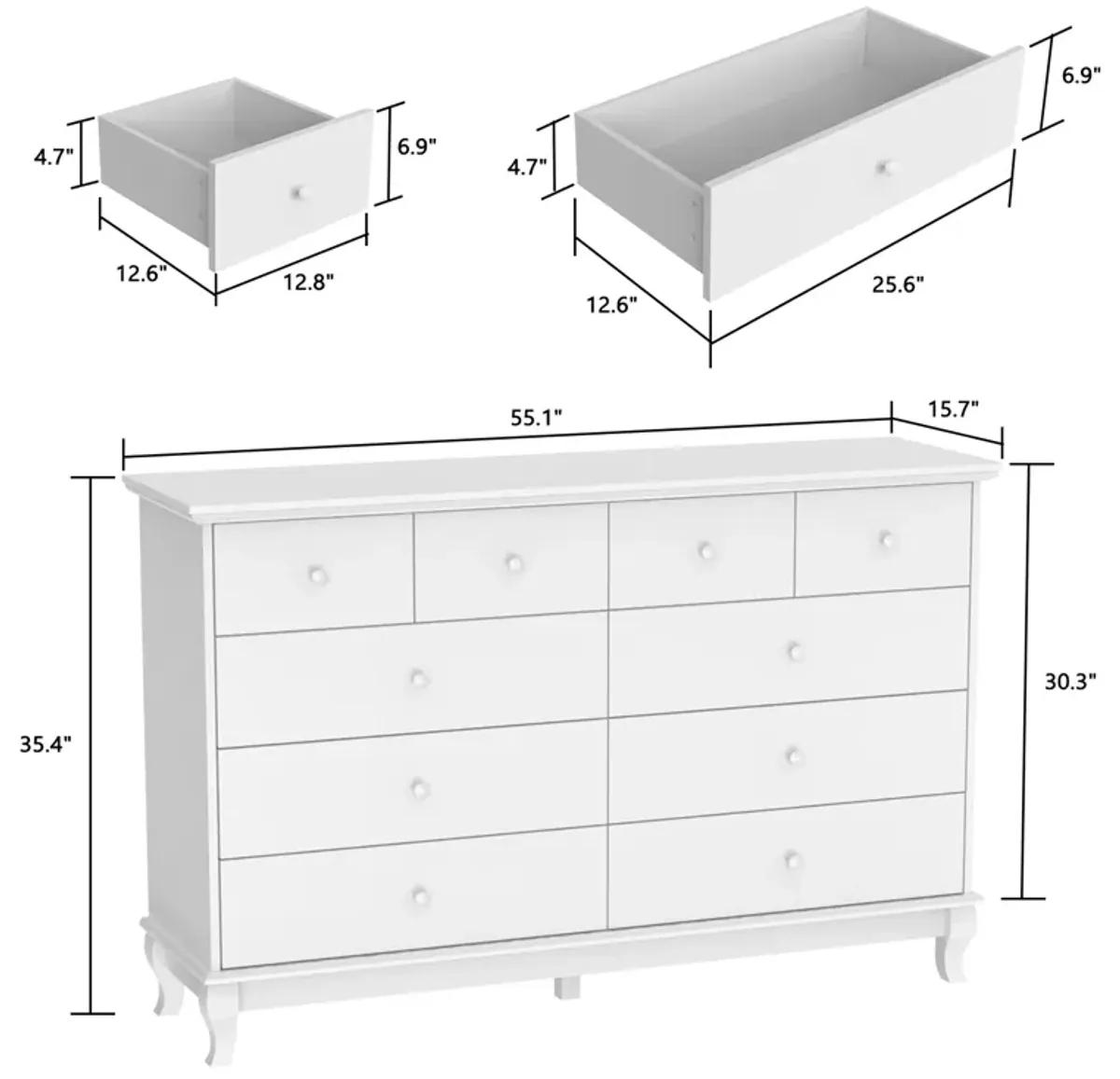 10-Drawers White Wood Chest of Drawer Accent Storage Cabinet Organizer 55.1 in. W x 15.7 in. D x 35.4 in. H