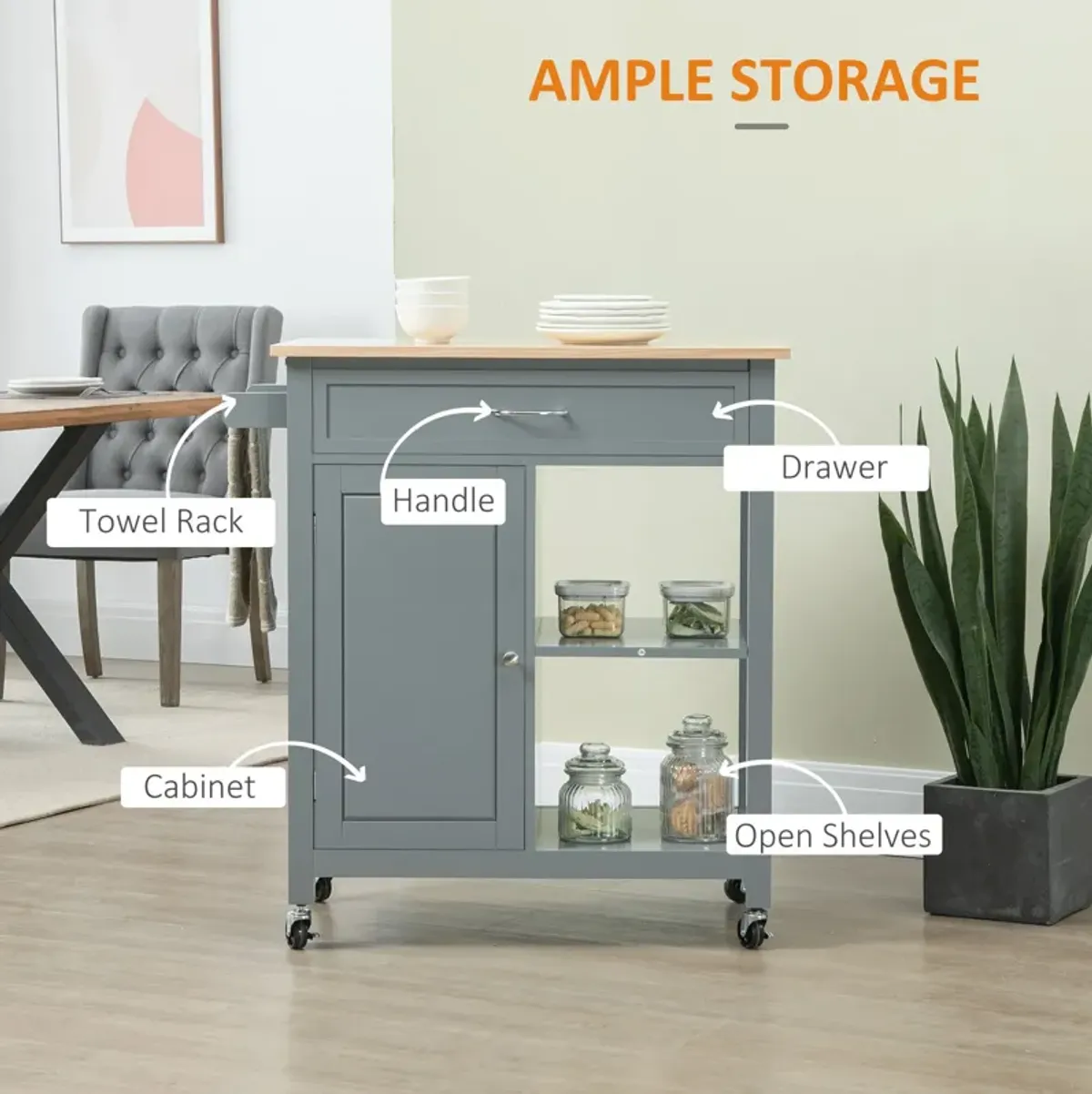 Gray Kitchen Trolley: Utility Cart with Wood Top & Drawer