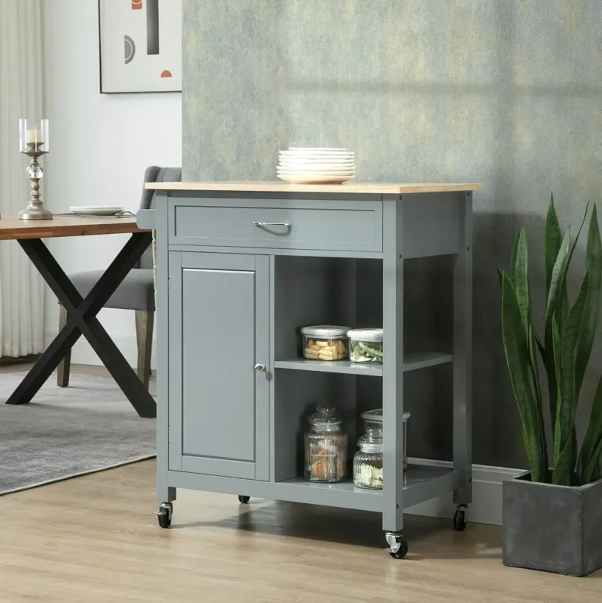 Gray Kitchen Trolley: Utility Cart with Wood Top & Drawer