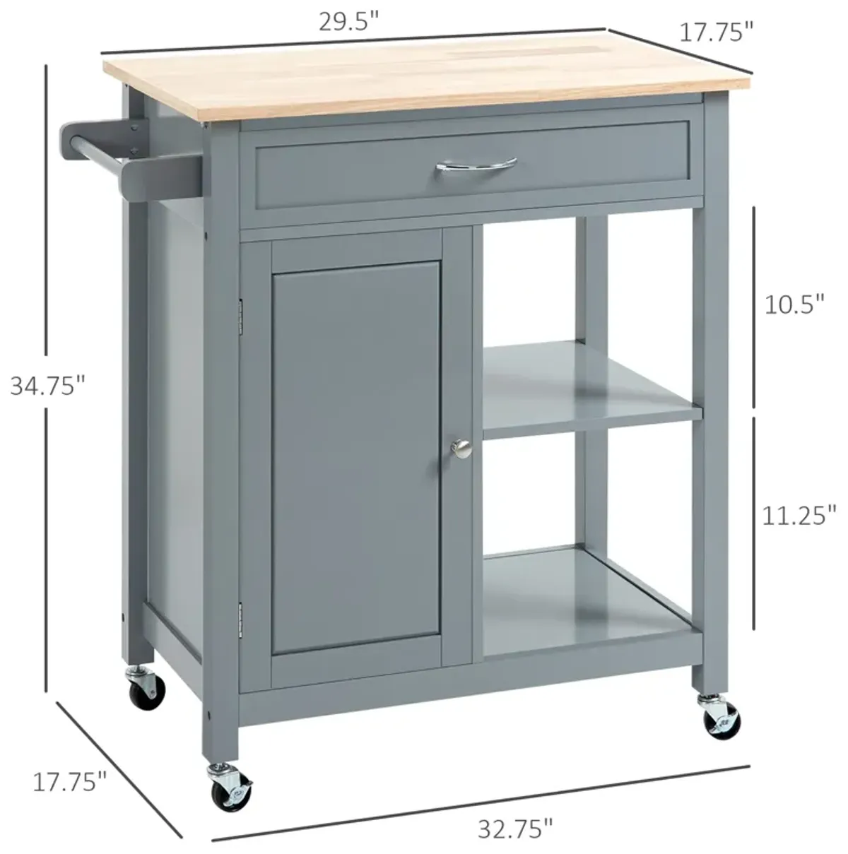 Gray Kitchen Trolley: Utility Cart with Wood Top & Drawer