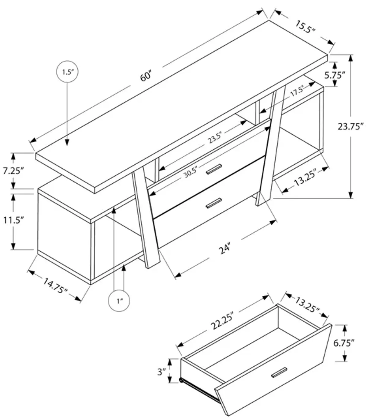 Monarch Specialties I 2721 Tv Stand, 60 Inch, Console, Media Entertainment Center, Storage Drawers, Living Room, Bedroom, Laminate, Brown, Contemporary, Modern