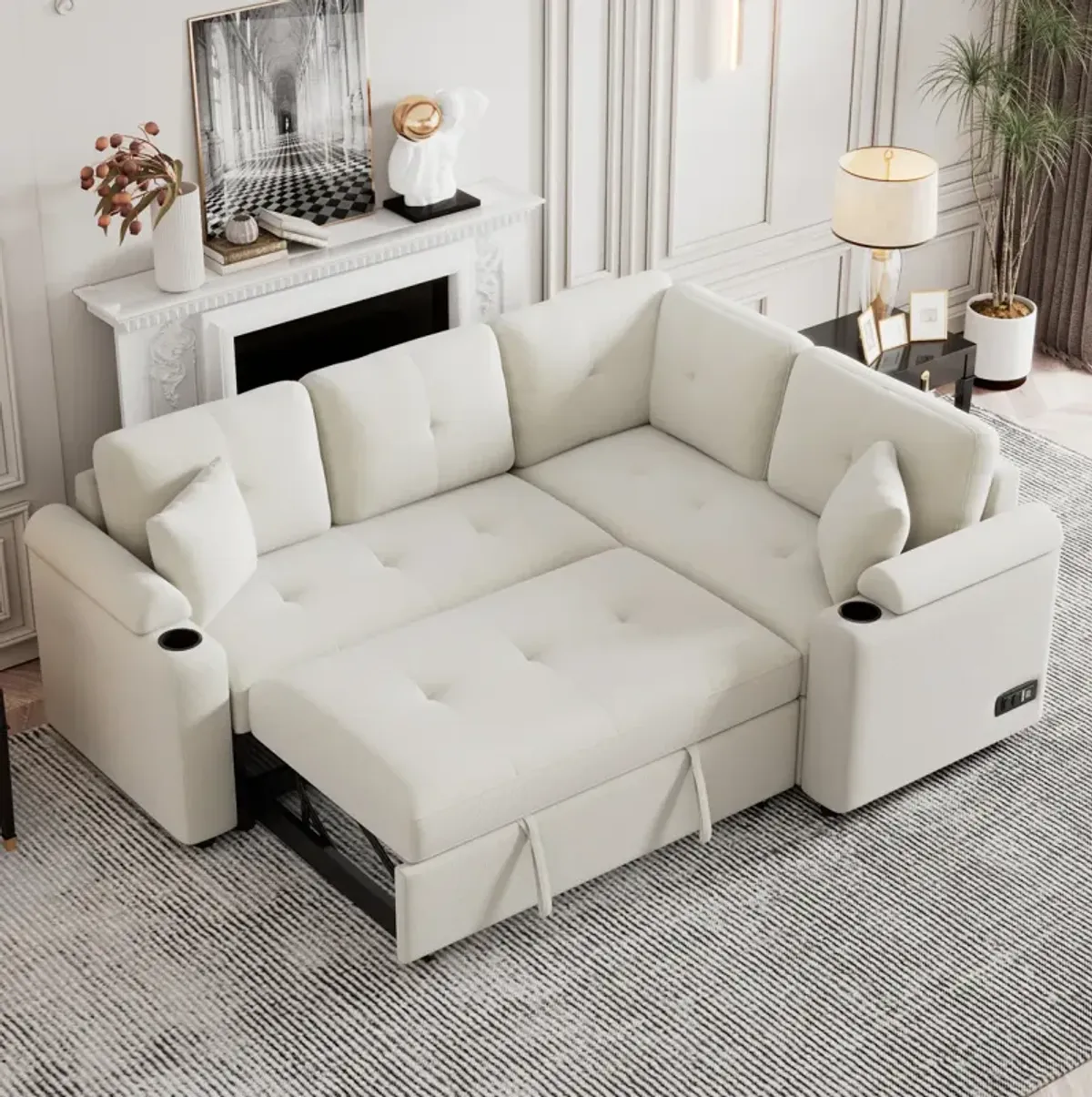 87.4" L-Shape Sofa Bed Pullout Sleeper Sofa With Wheels, USB Ports, Power Sockets For Living Room