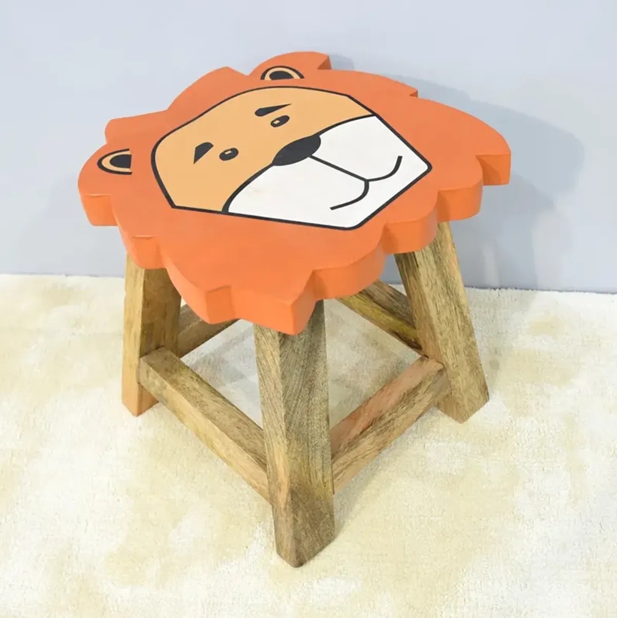 Handmade 100% Mango Wood Kids Yellow Color Lion Shaped Seat Indoor Stool