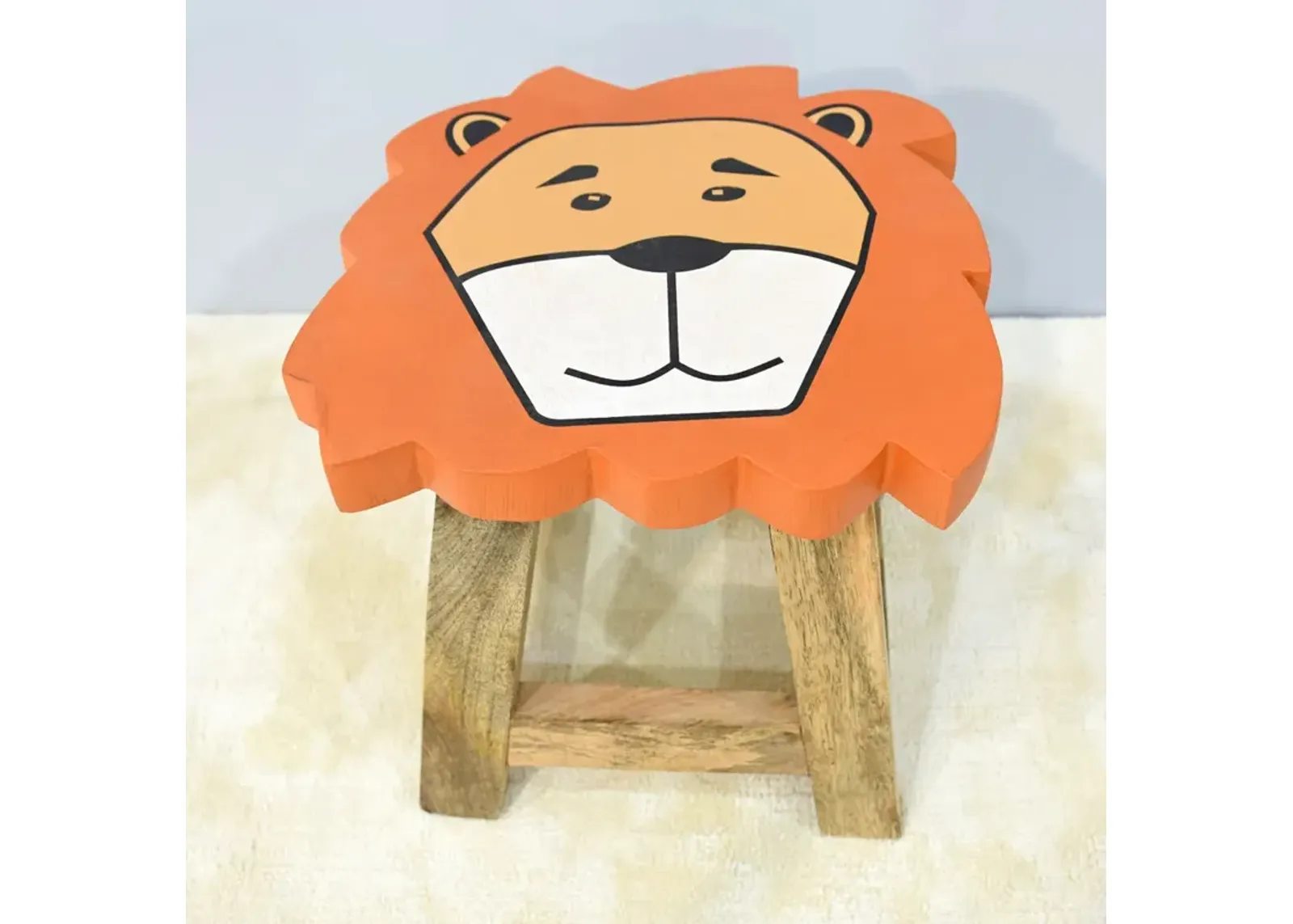 Handmade 100% Mango Wood Kids Yellow Color Lion Shaped Seat Indoor Stool