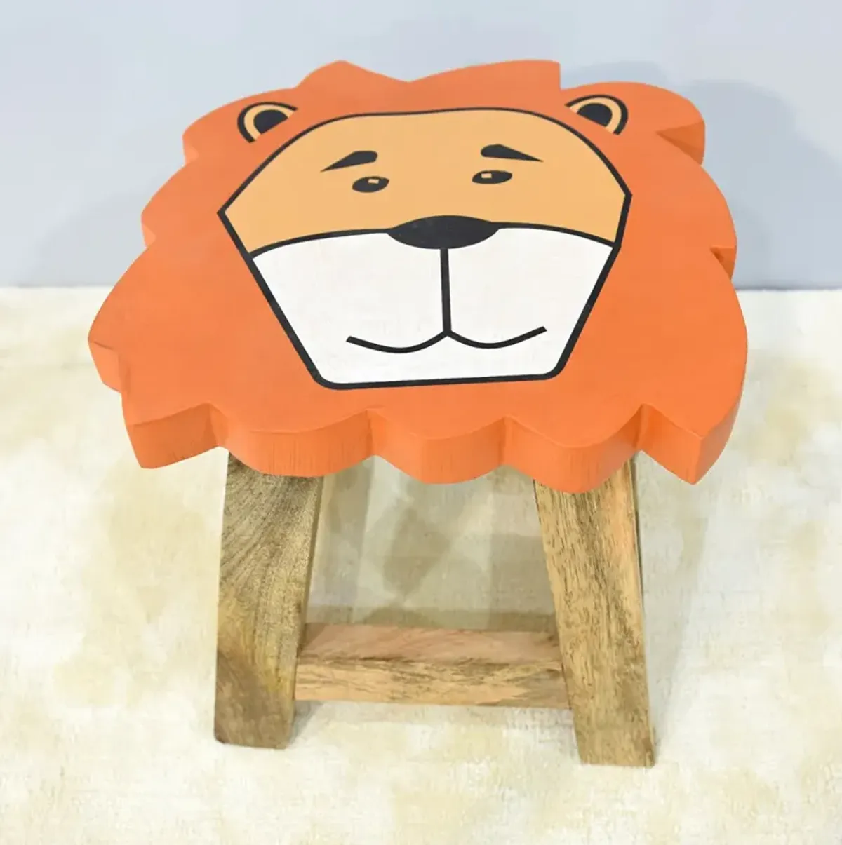 Handmade 100% Mango Wood Kids Yellow Color Lion Shaped Seat Indoor Stool