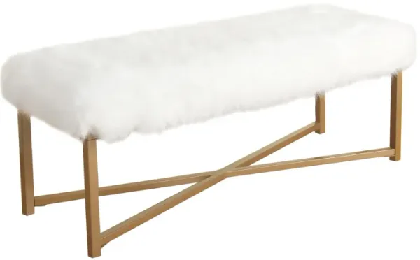 Faux fur Upholstered Rectangular Bench with Crossed Metal Base, White and Gold - Benzara