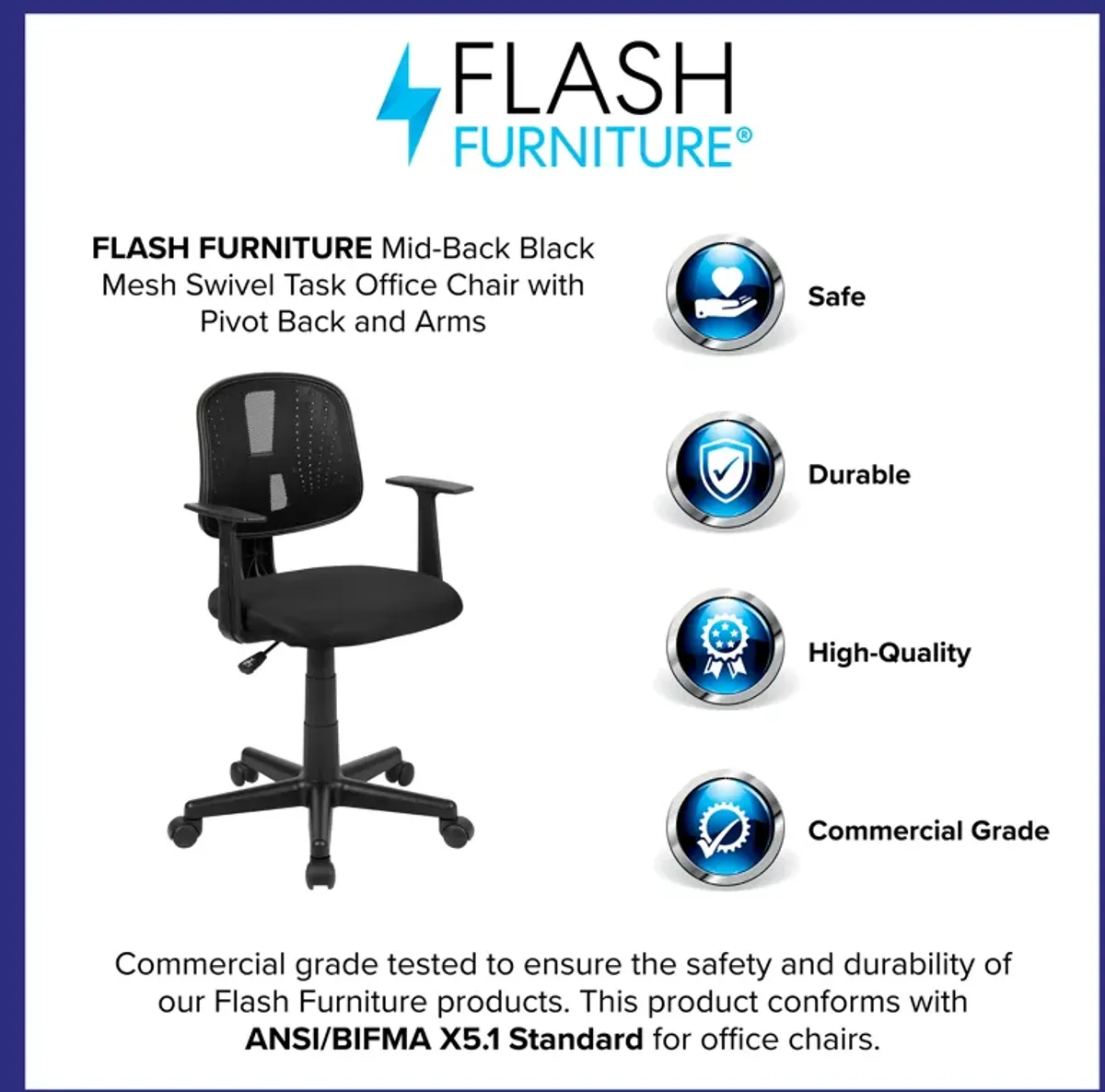 Flash Fundamentals Mid-Back Gray Mesh Swivel Task Office Chair with Pivot Back and Arms