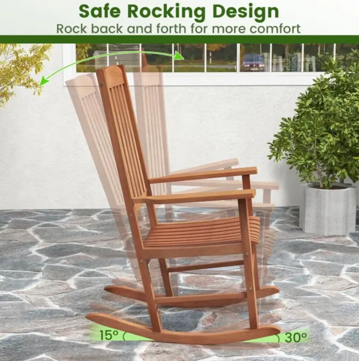 Hivvago Eucalyptus Wood Rocker Chair with Stable and Safe Rocking Base for Garden