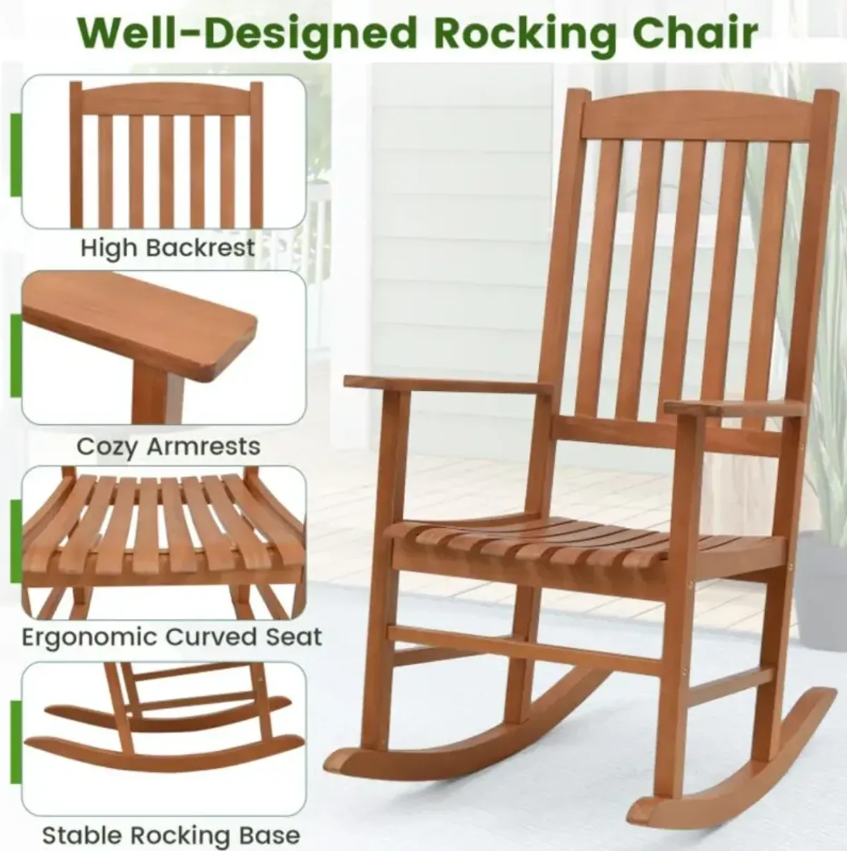 Hivvago Eucalyptus Wood Rocker Chair with Stable and Safe Rocking Base for Garden