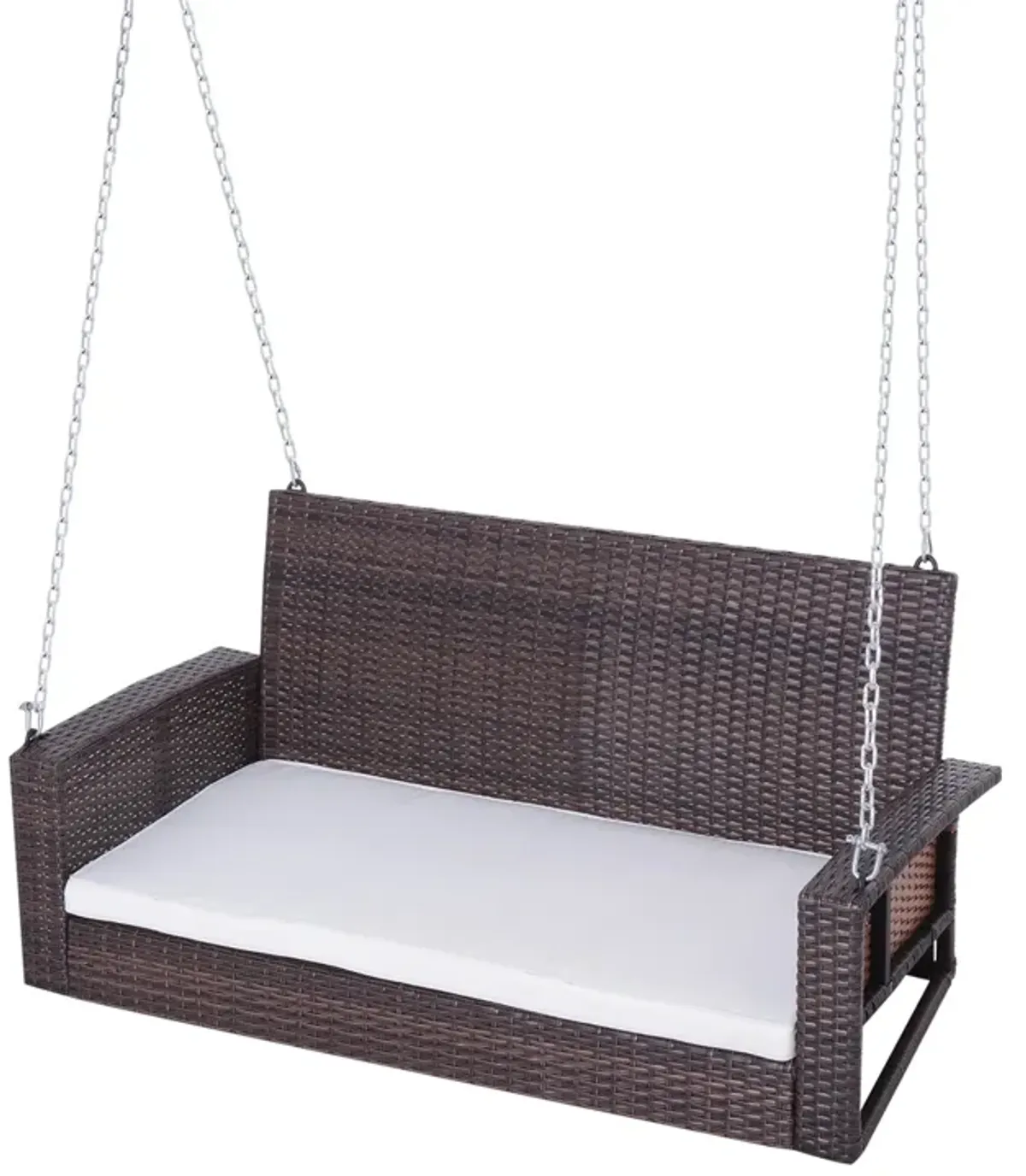 Hivvago Espresso Wicker Porch Swing 7ft Hanging Chain with Cream Padded Cushion