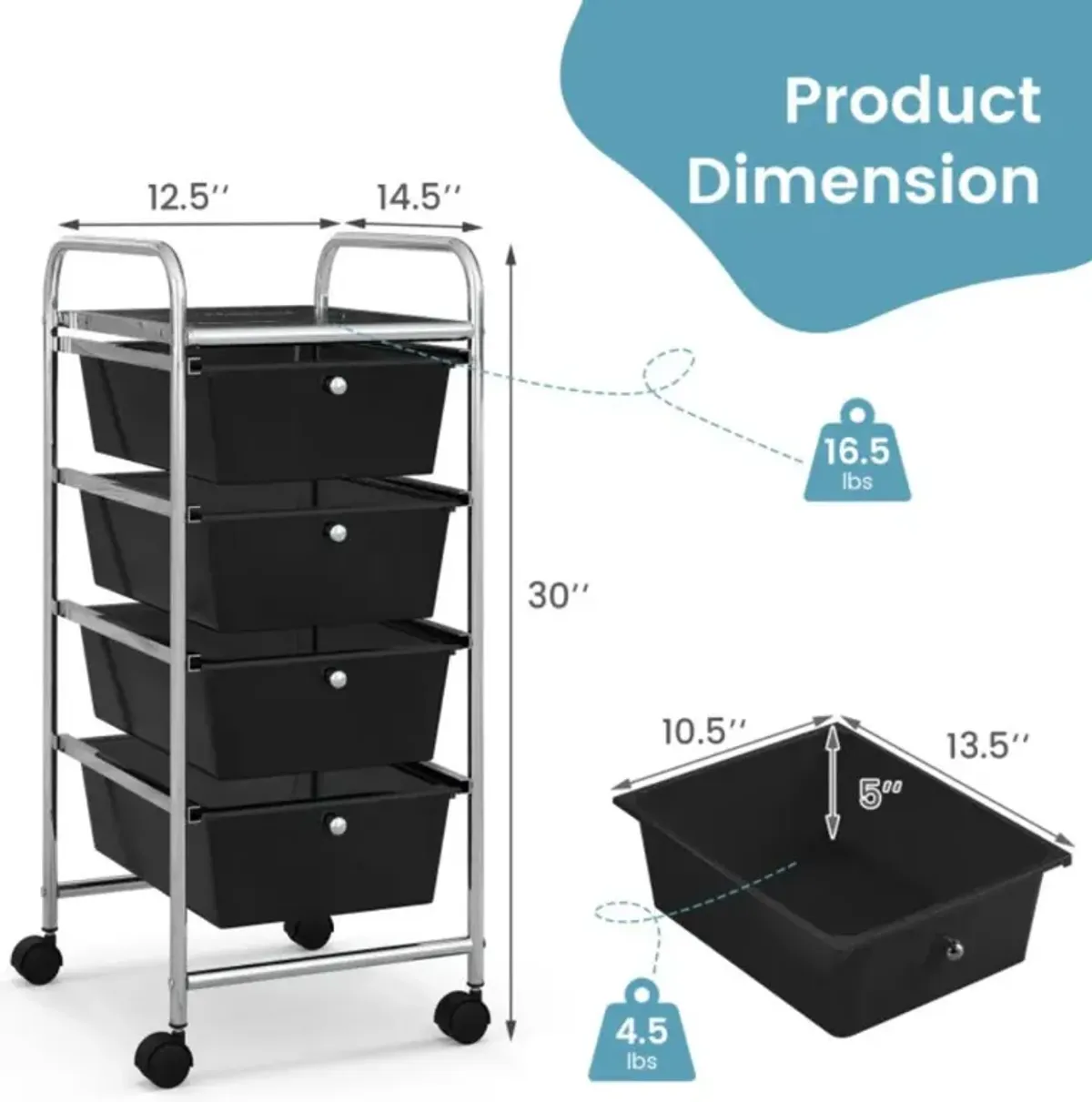 Hivvago 4-Drawer Cart Storage Bin Organizer Rolling with Plastic Drawers-Black