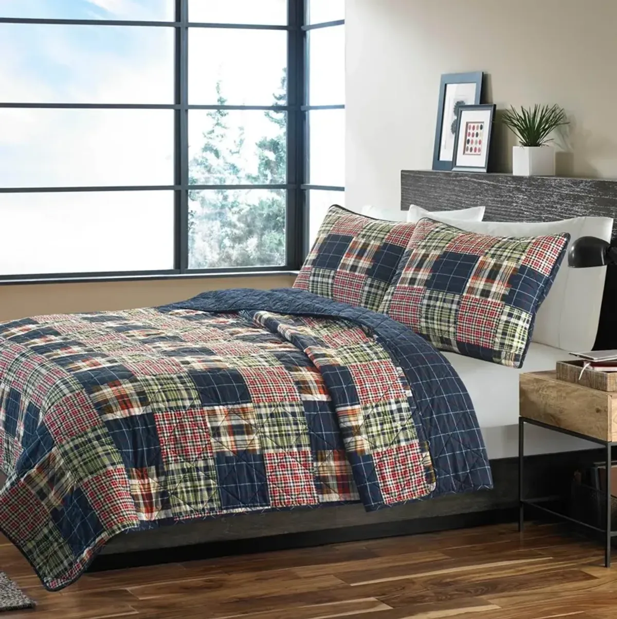 Hivvago King size Farmhouse Red Navy Plaid 100 Percent Cotton Reversible Quilt Set