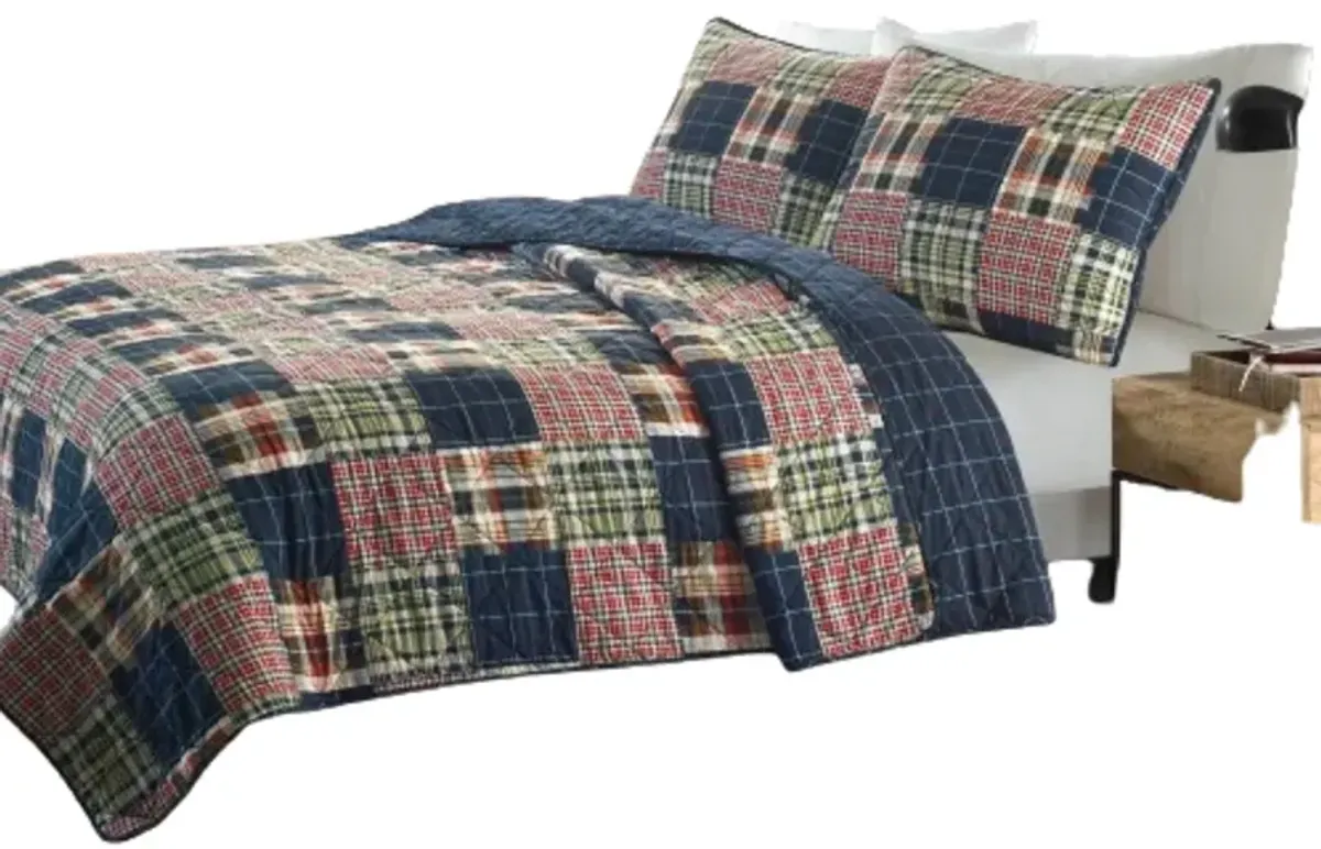 Hivvago King size Farmhouse Red Navy Plaid 100 Percent Cotton Reversible Quilt Set