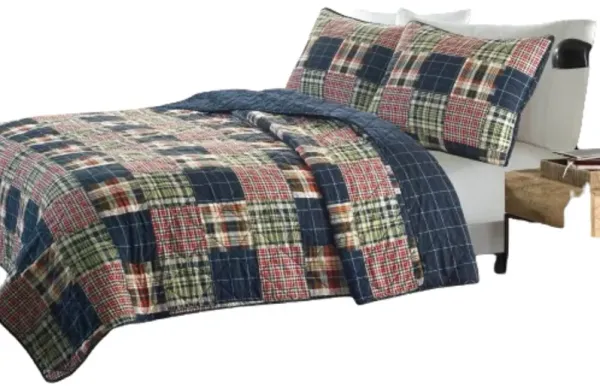 Hivvago King size Farmhouse Red Navy Plaid 100 Percent Cotton Reversible Quilt Set