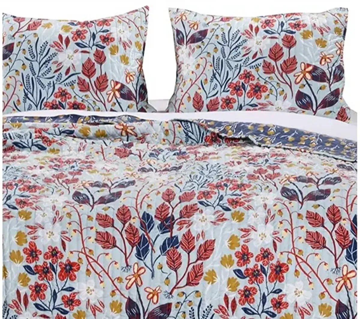 King Size 3 Piece Polyester Quilt Set with Floral Prints, Multicolor - Benzara