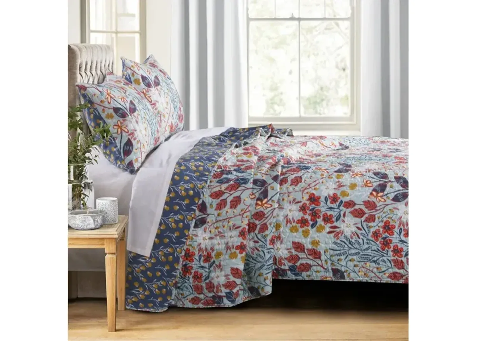 King Size 3 Piece Polyester Quilt Set with Floral Prints, Multicolor - Benzara