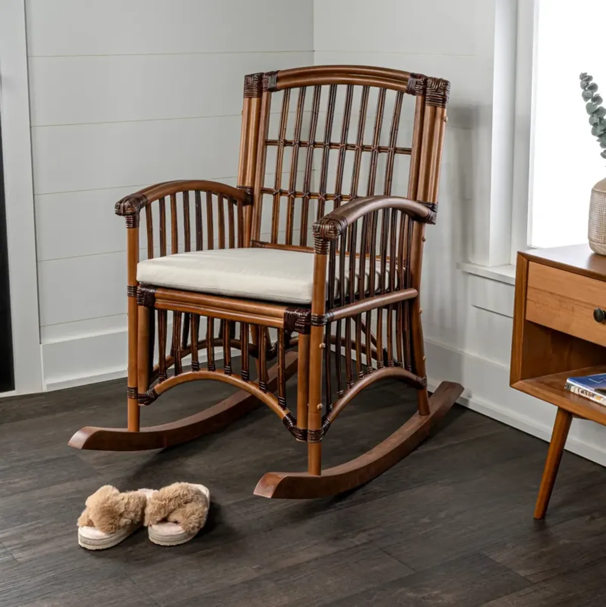 Swayze Bohemian Farmhouse Woven Rattan/Wood Rocking Chair